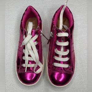 Little girls shiny pink sneakers size 13. Shoe string and zipper. Good condition